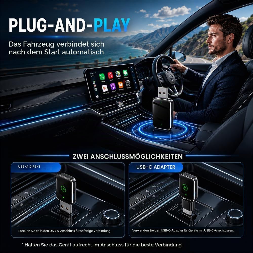 2026 Carplay Wireless Adapter, Android Auto Wireless Adapter, Car Play Adap-TER Auto mit USB und Typ