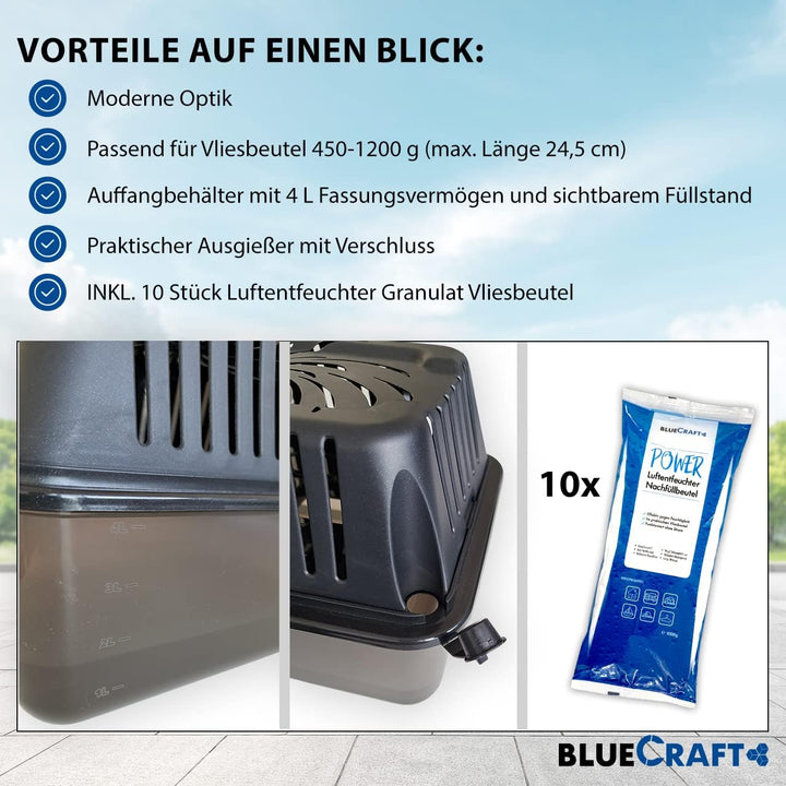 Bluecraft - Raumentfeuchter Box Feuchtigkeitskiller + 10x 1 kg Luft-Entfeuchter Granulat im Vliesbeu