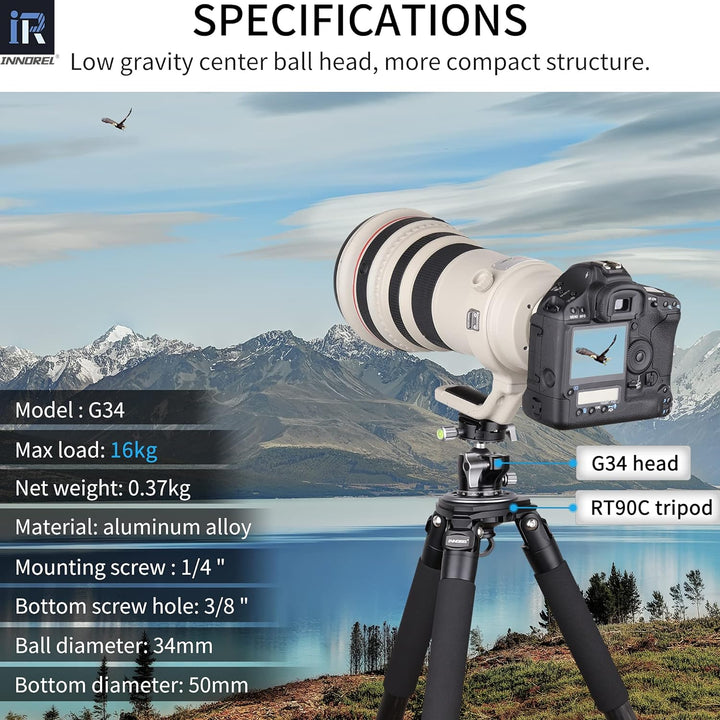 INNOREL G34 Low Profile Stativ-Kugelkopf Doppelter Panorama-Metall-Kamerastativ-Kugelkopf mit 1/4" A
