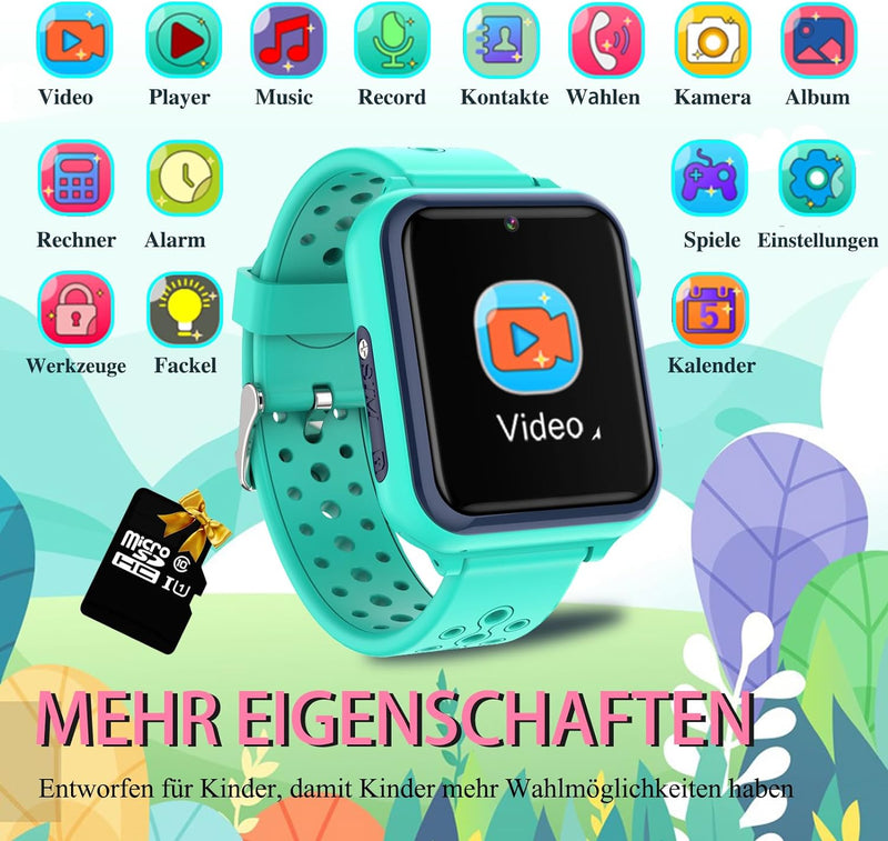 Smartwatch Kinder , Spiele , Telefon für Mädchen und Jungen ( Grün), Grün