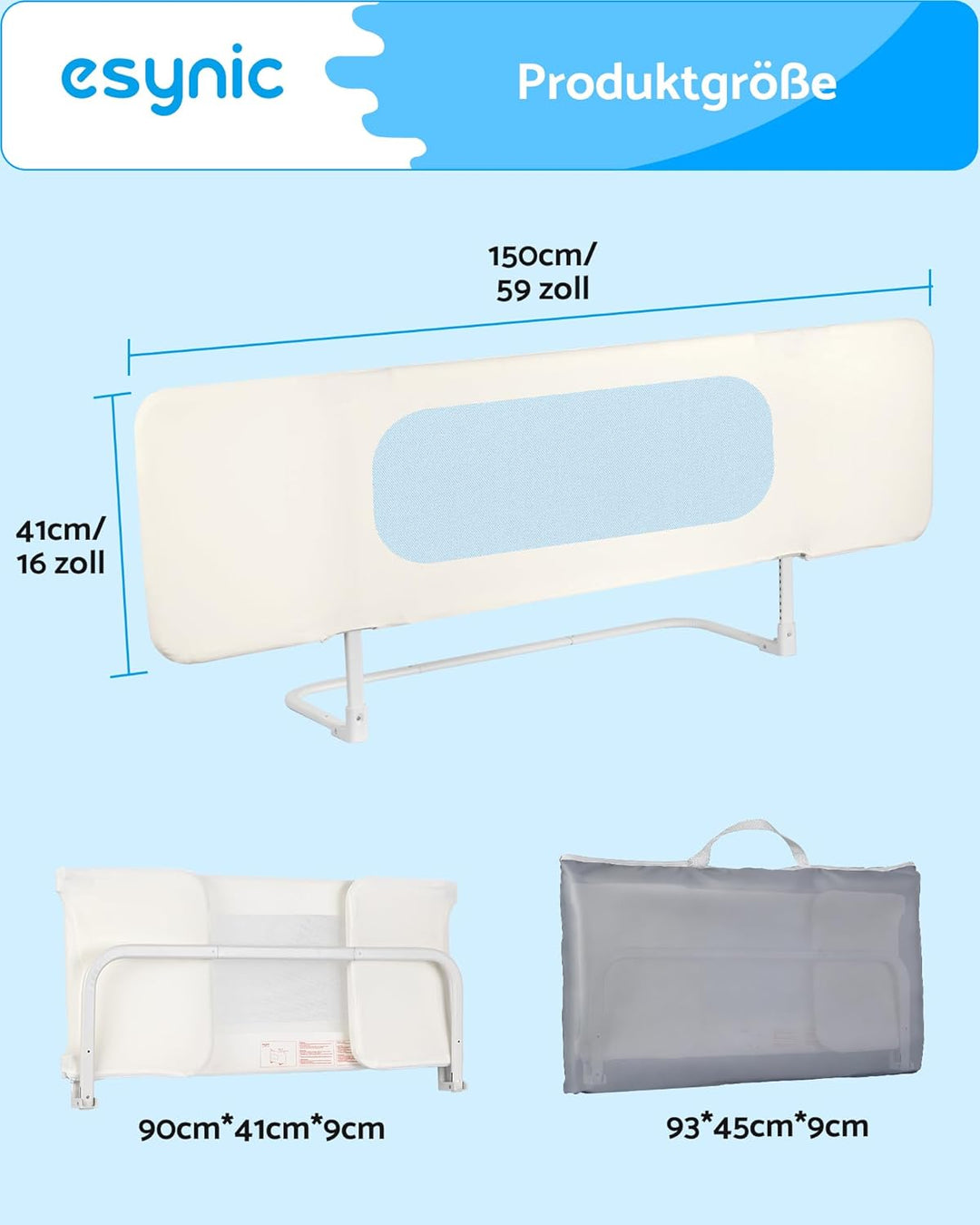 eSynic Tragbares Bettschutzgitter 150 cm Cremeweiss Bettgitter Mobiler Rausfallschutz für Kinder & K