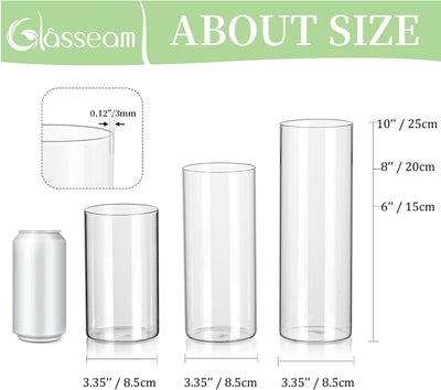 Glasseam Zylinder Vase Glas Klar, Blumenvase Modern Vasen Deko 6 Stück, 15/20/25cm Hoch Tulpenvase Z