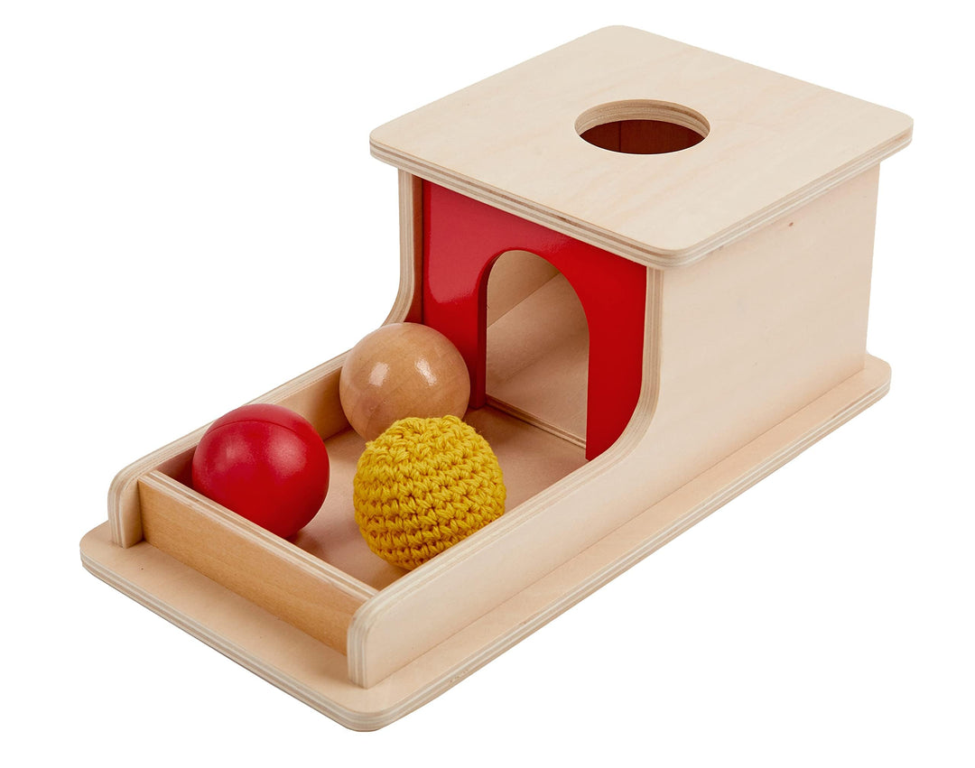 Adena Montessori Full Size Object Permanence Box mit Tablett DREI Bälle (Holz, Kunststoff, gestrickt