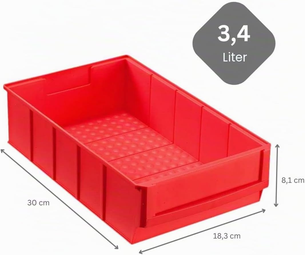 Rote Industriebox 300 B | HxBxT 8,1x18,3x30cm | 3,4 Liter| Sichtlagerkasten, Sortimentskasten, Sorti