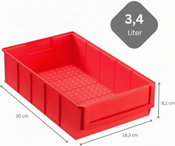 Rote Industriebox 300 B | HxBxT 8,1x18,3x30cm | 3,4 Liter| Sichtlagerkasten, Sortimentskasten, Sorti