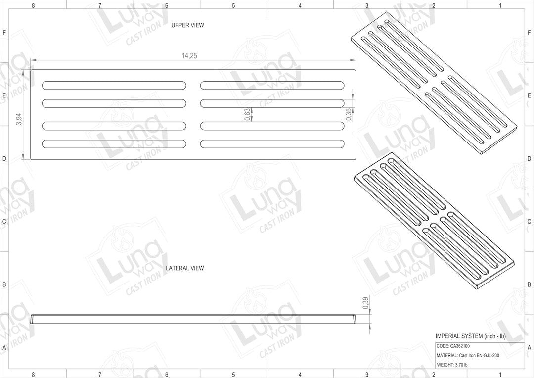 Lunaway - Gusseisenrost zum Auffangen von Asche | Dicke 1 cm (36,2 x 10 cm), 36,2 x 10 cm