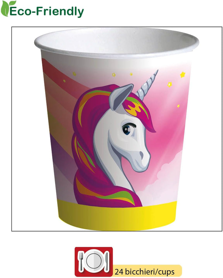 Partygeschirr Party-Set Einhorn Unicorn für 24 Personen (88 pcs: 24 Pappteller Ø18cm, 24 Becher 250m
