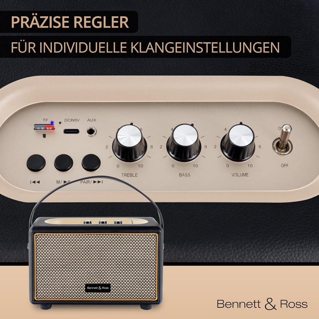 Bennett & Ross BB-820BK Blackmore Junior - Retro Bluetooth Lautsprecher in Lederoptik mit 5200 mAh A