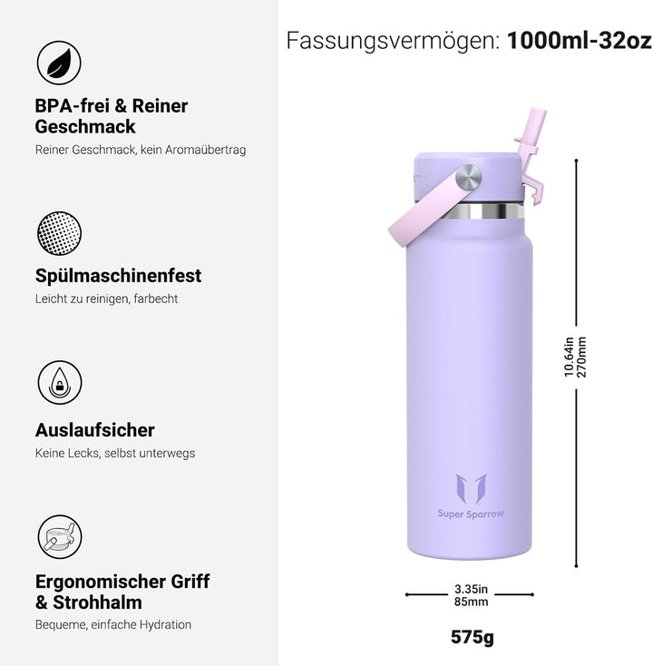 Sparrow Trinkflasche Edelstahl 1000ml - Weiter Öffnung SwivelSip Thermosflasche mit Strohhalm - BPA-