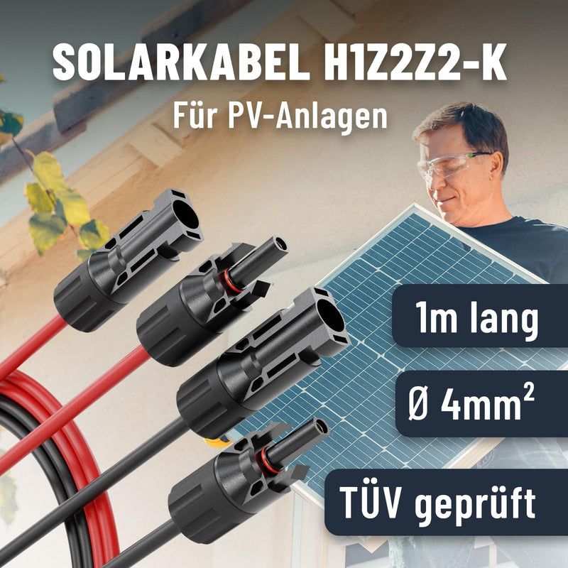 ABSINA 4x 1 Meter Solarkabel 4mm2 H1Z2Z2-K schwarz & rot - PV Kabel 4mm2 UV-beständig - Solarleitung