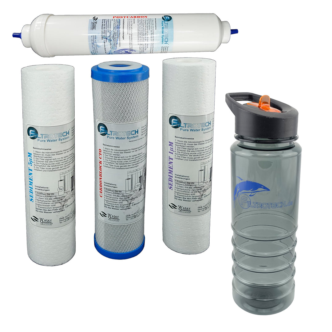FILTROTECH Umkehrosmose Filter-Set 10 Zoll, 4-teilig | Mit In-Line Aktivkohle-Nachfilter und Tritan-