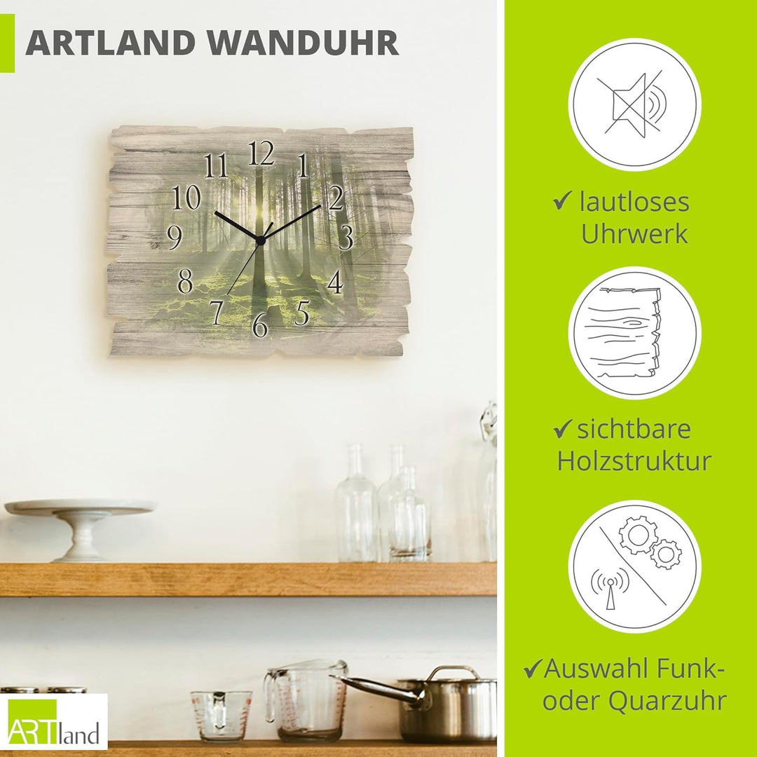 ARTLAND Wanduhr ohne Tickgeräusche aus Holz Funkuhr 40x30 cm Rechteckig Lautlos Wald Landschaft Natu