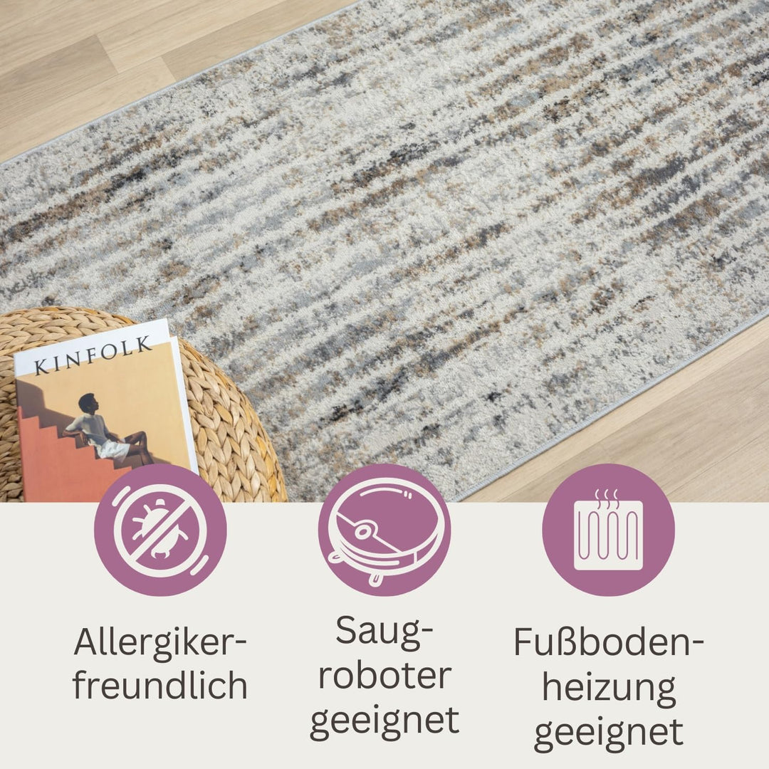 MY-RUG Teppich Aria rechteckig Creme 150 x 80 cm Läufer meliert für den Flur und Eingang, Schlafzimm