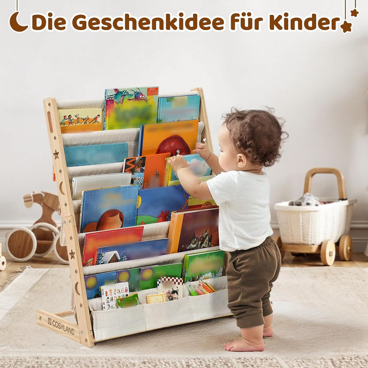 COSYLAND Bücherregal Kinder mit 6 Oxford-Stoff Fächern - Kinderbücherregal aus Naturholz - Bücherreg
