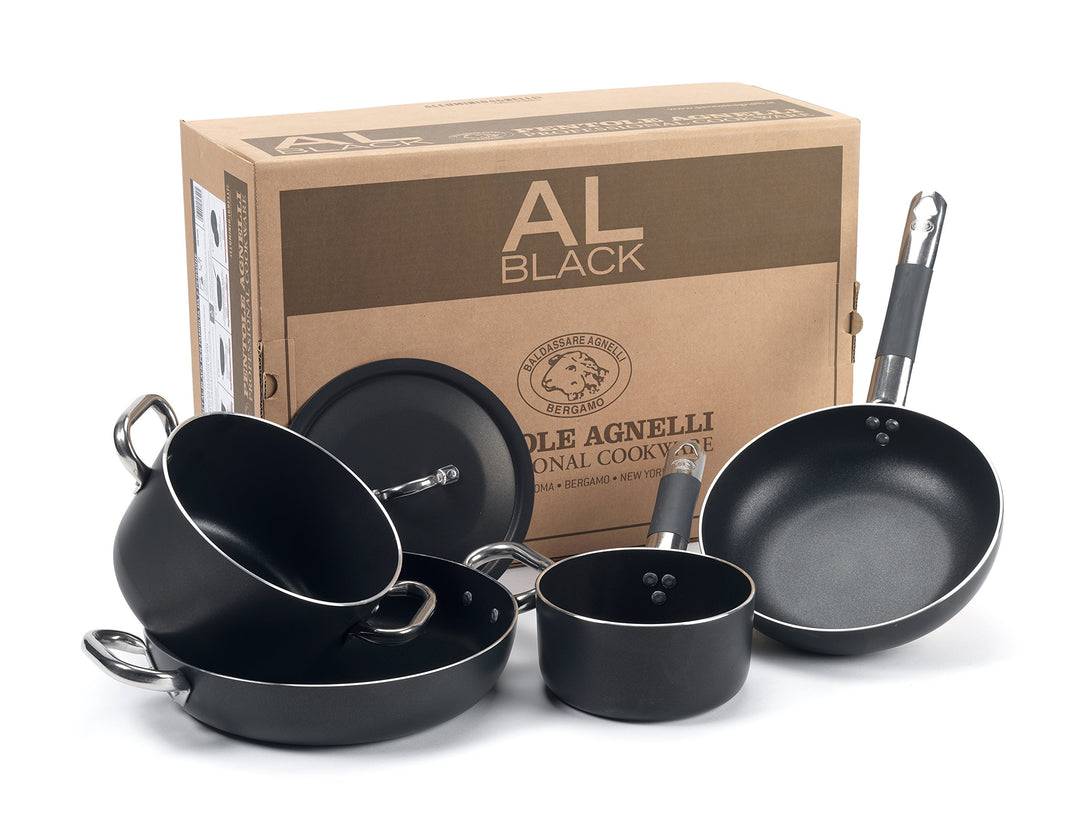 Pentole Agnelli ALSASETALBLACK2 Ganz schwarzes Kochgeschirrset für 2 Personen, 3 mm, 5 Stück, 2 Pers