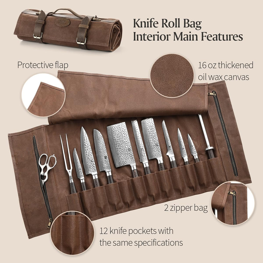 XINZUO Messertasche, Profi Kochmesser Koffer, 12 Schlitzen, 16oz gewachstes Segeltuch und Crazy Hors