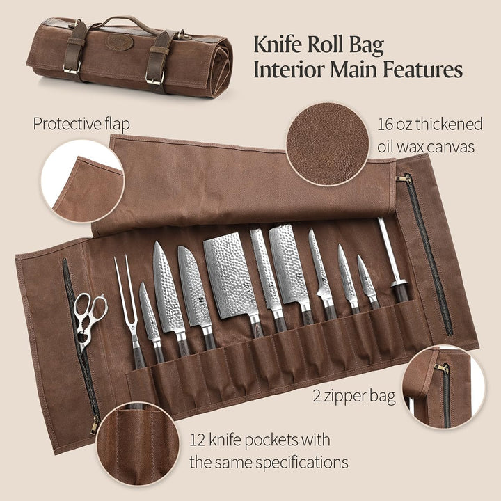 XINZUO Messertasche, Profi Kochmesser Koffer, 12 Schlitzen, 16oz gewachstes Segeltuch und Crazy Hors