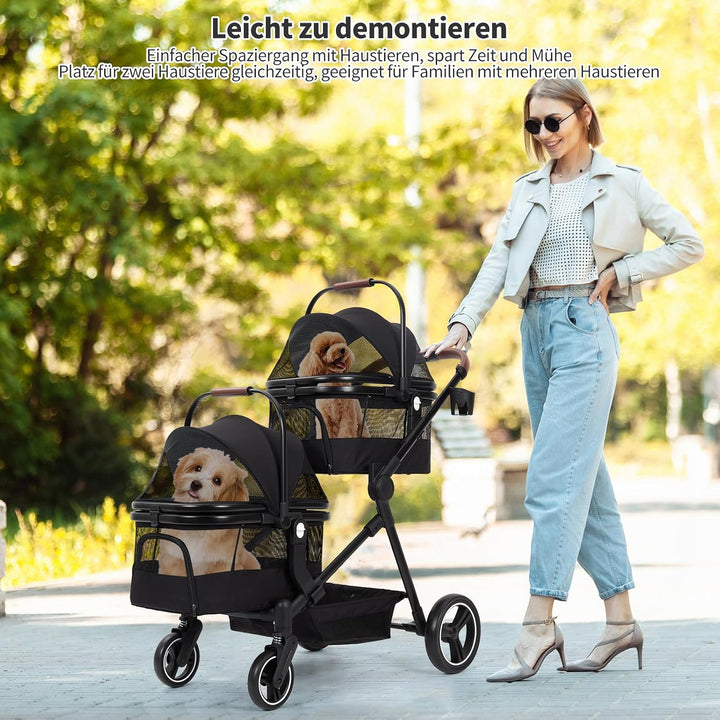 Hundewagen 3-In-1 Faltbar 22 kg Doppelstock Tiertransport | Abnehmbare Boxen, Schwenkräder, Sicherhe