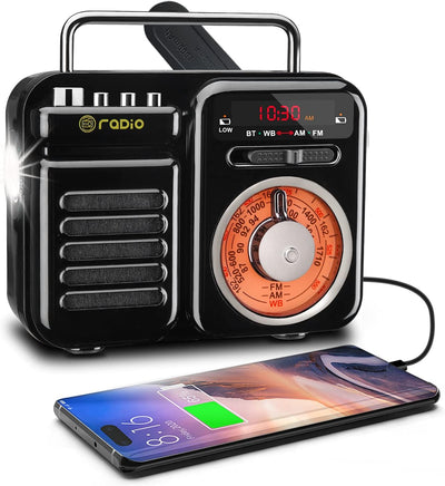 UNIQUEBELLA Retro Radio mit Bluetooth-Lautsprecher, Tragbarer AM/FM Handkurbel Solar Radios, Notfall
