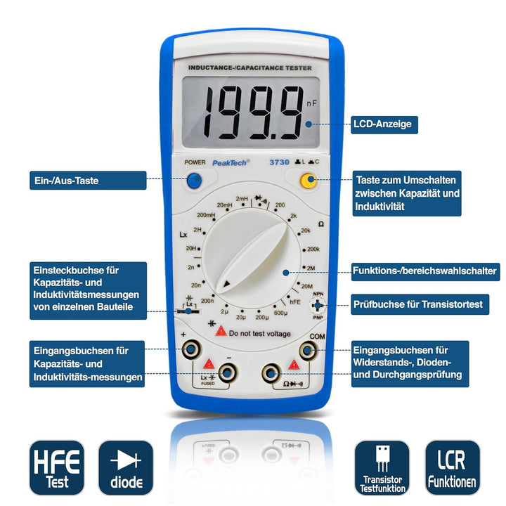PeakTech LCR-Messgerät, max. 200 µF / 20 H / 20Mohm, 1 Stück, P 3730, Blau Weiss