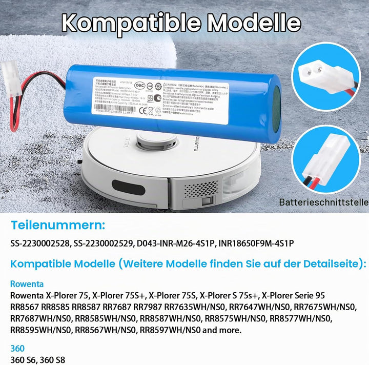 14,4 V 3400 mAh Akku Kompatibel mit 360 S6, S8, Rowenta X-Plorer 75, 75S, 75S+, 75 Animal, Serie 95,