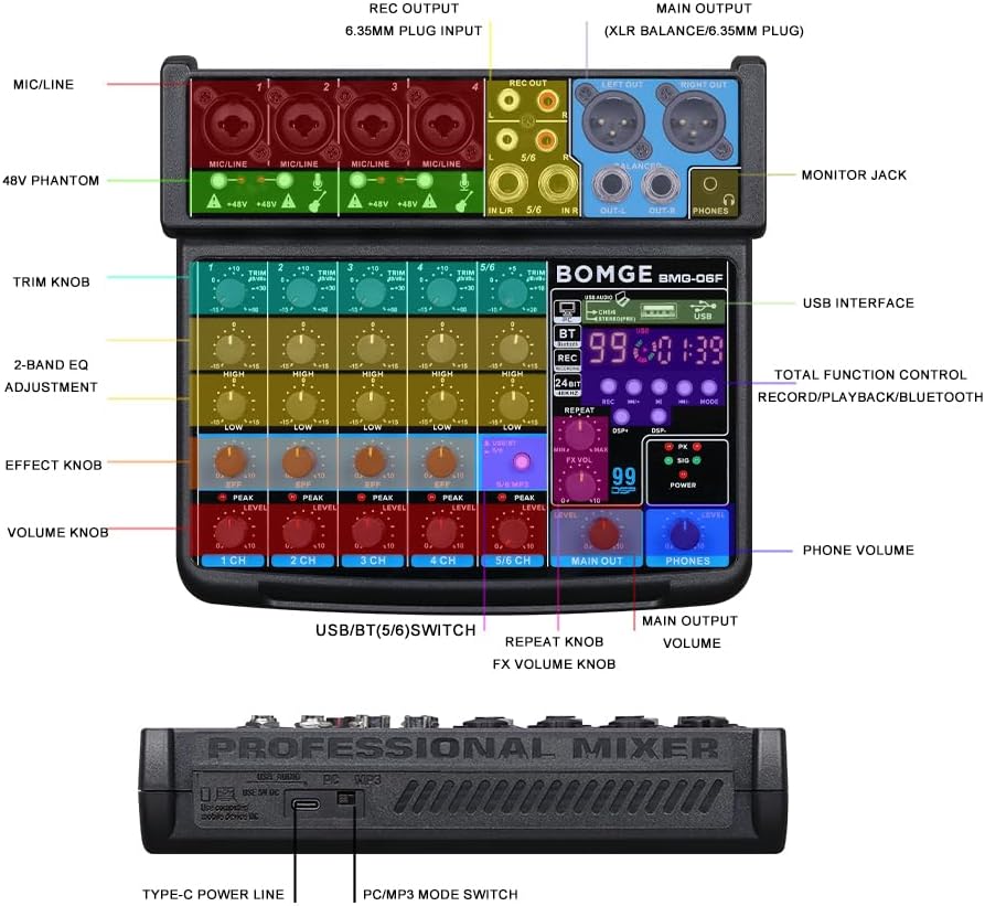 BOMGE 6-Kanal-Mini-DJ-Audio-Sound-Mixer-Konsole mit USB-Schnittstelle, Bluetooth, Stereo-Aufnahme, 4