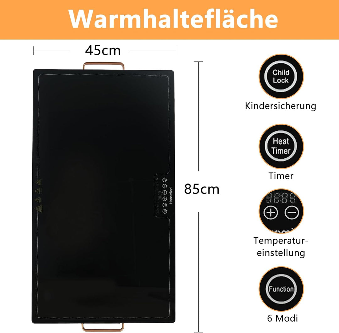 Warmhalteplatte 80x45 cm, 450W Professionelle Wärmeplatte, Touchscreen, Edelstahl-Rahmen, Mit Griff,