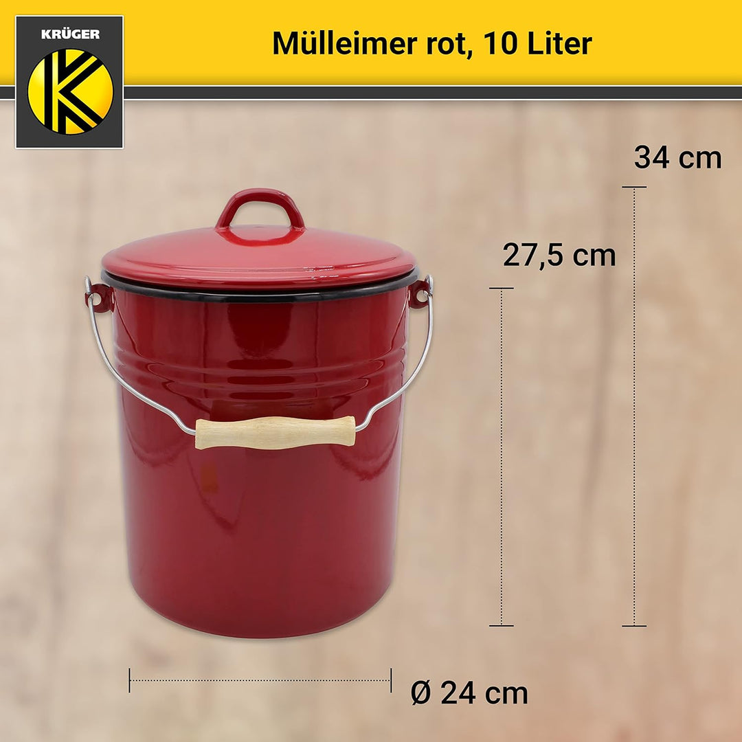 KRÜGER Mülleimer mit Deckel - Stahl Abfalleimer mit Emaille-Beschichtung und Holzgriff - schnitt- un