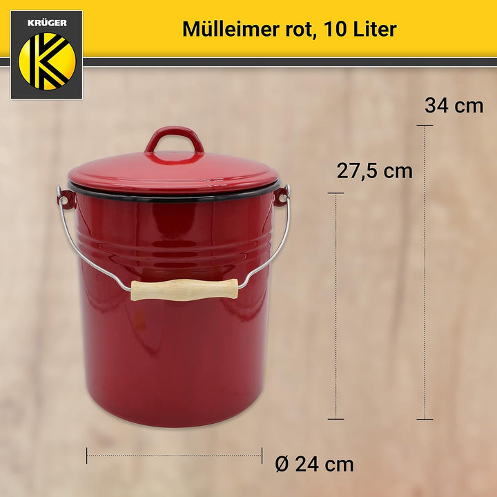 KRÜGER Mülleimer mit Deckel - Stahl Abfalleimer mit Emaille-Beschichtung und Holzgriff - schnitt- un