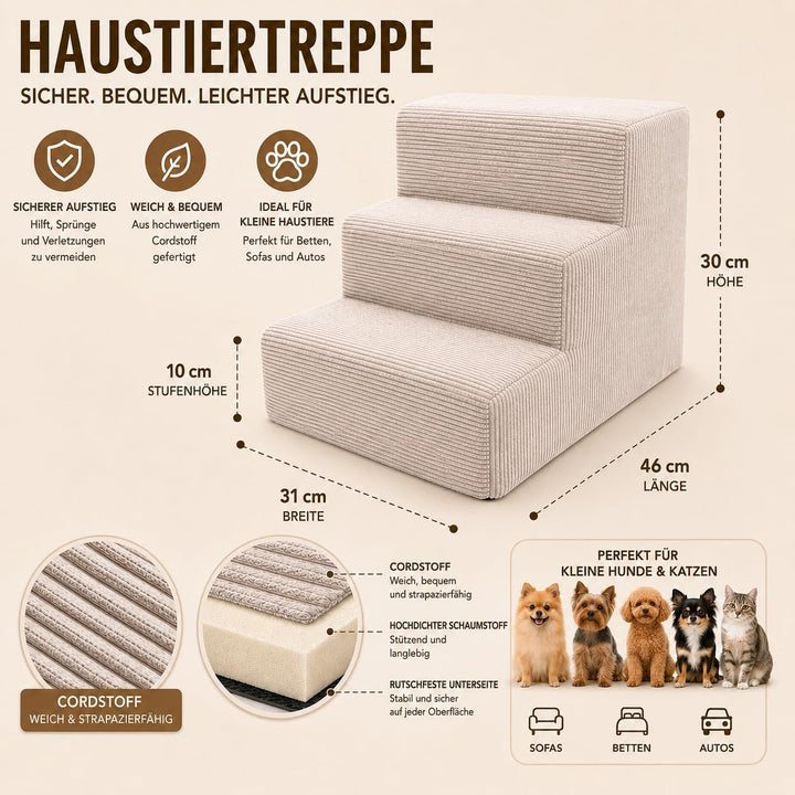 Muralo Hundetreppe 3 Stufen für Kleine Hunde und Katzen, Waschbar - Grau | Rutschfeste Haustiertrepp
