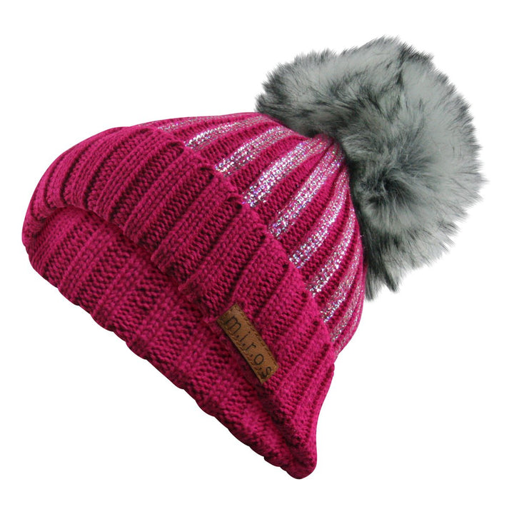 m.i.r.o.s Odette Damen Wintermütze Pink mit Pailletten Print | handgemachte Bommel Mütze