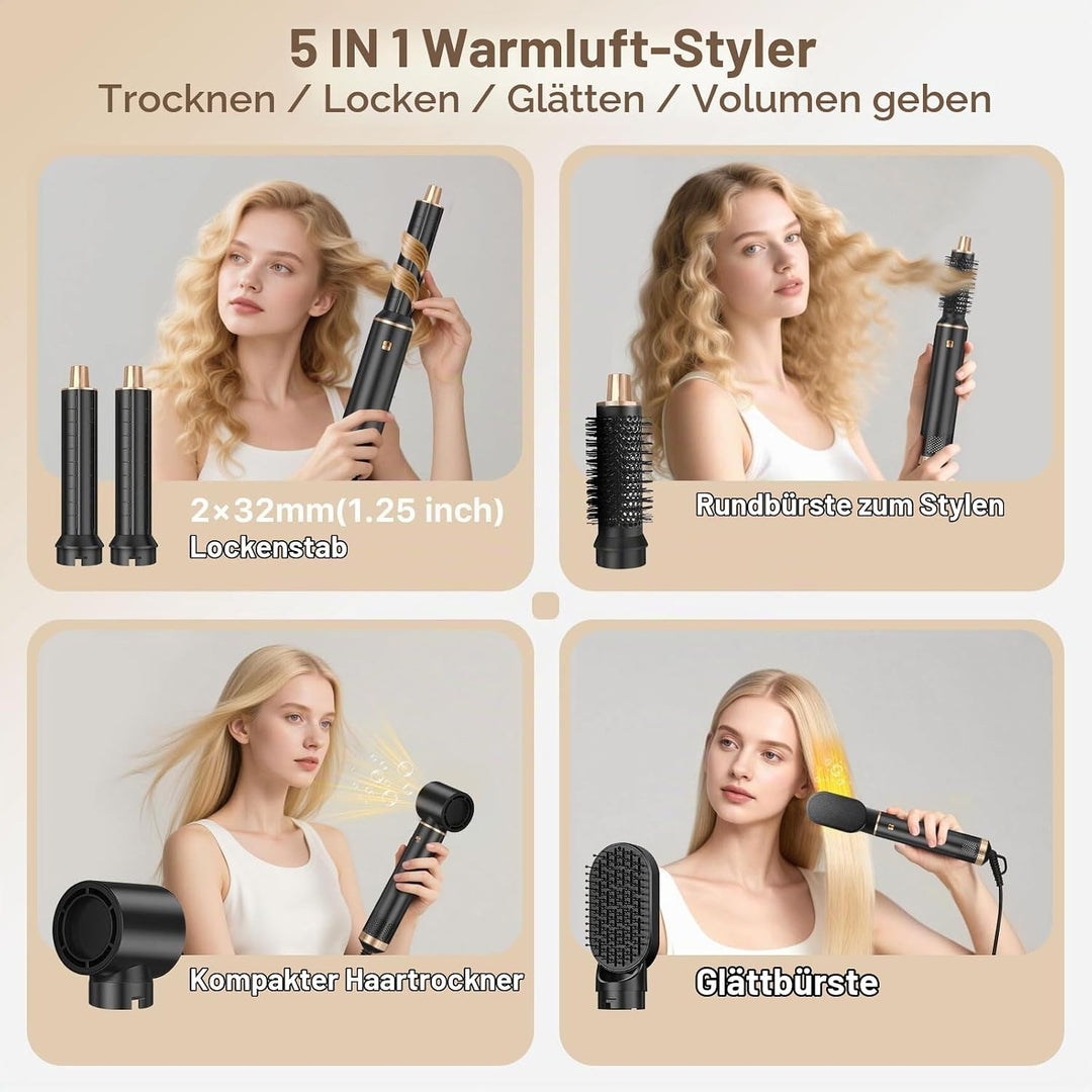 Hairstyler 5 in 1 Sendowtek, Multi Airbrush Haarstyler 1000W Airstyler Haarstyling Geräte 3 Temp Aut
