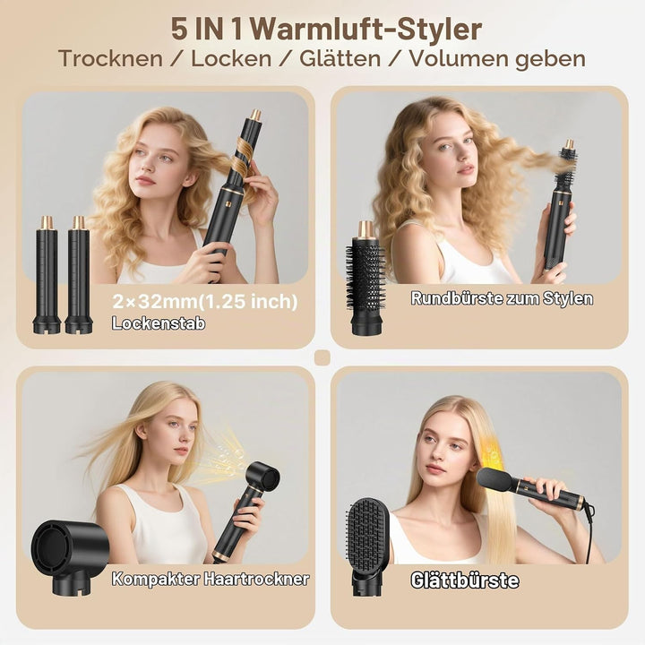 Hairstyler 5 in 1 Sendowtek, Multi Airbrush Haarstyler 1000W Airstyler Haarstyling Geräte 3 Temp Aut