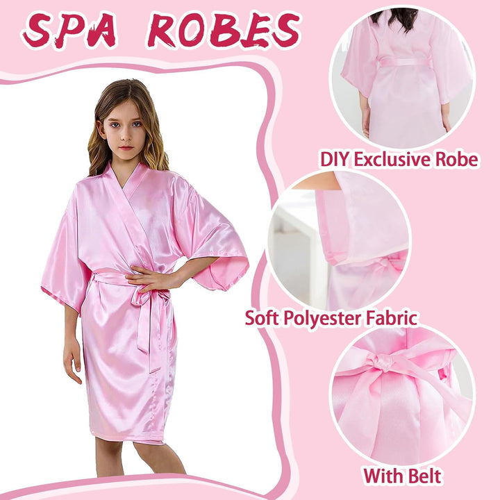 LYCN 12 Stück Mädchen Morgenmantel, Kinder Kimono Bademantel aus Seidensatin mit 6 Schleifen-Stirnbä