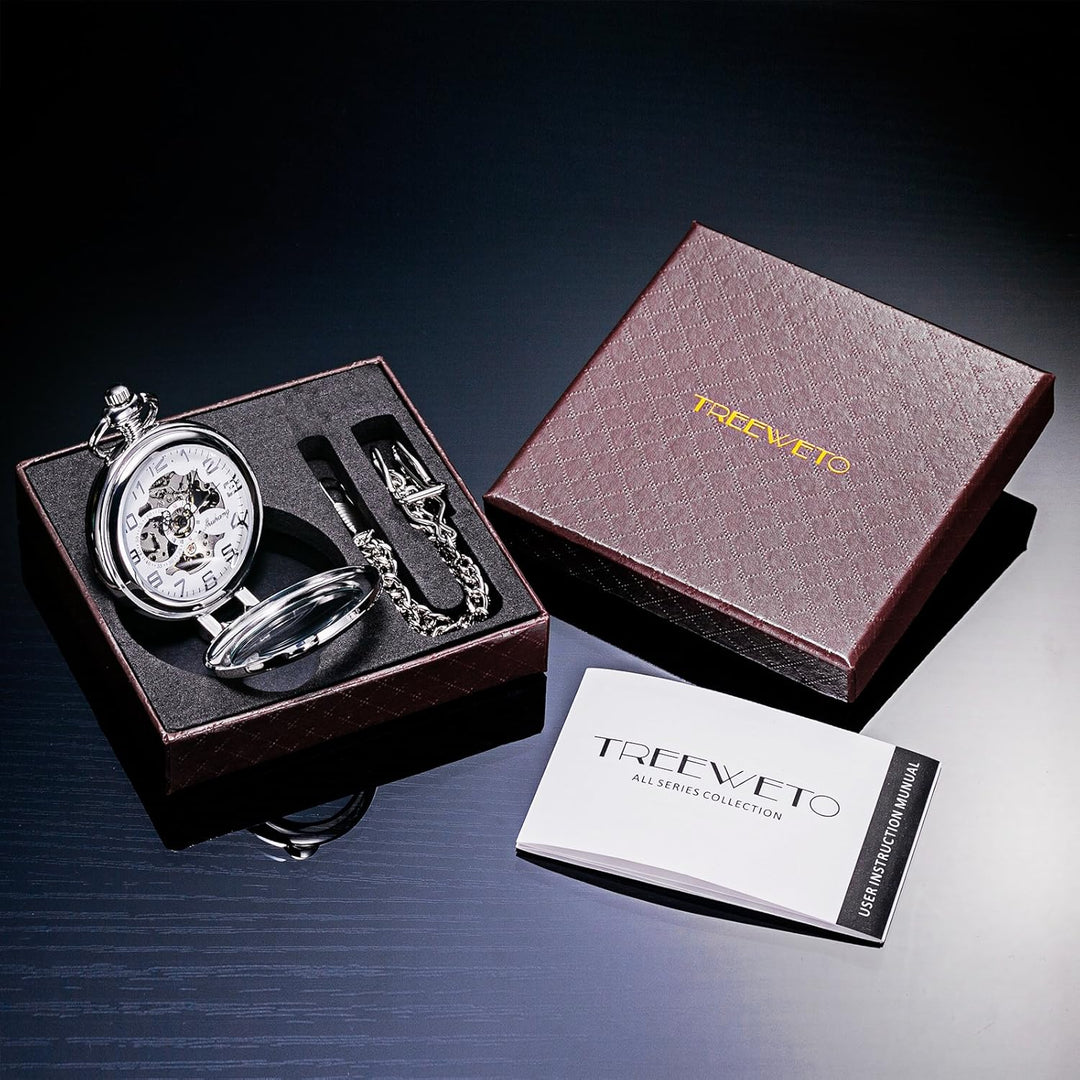 TREEWETO Unisex Taschenuhr mit Kette Analog Handaufzug Stehende Lupe Skelett Silber
