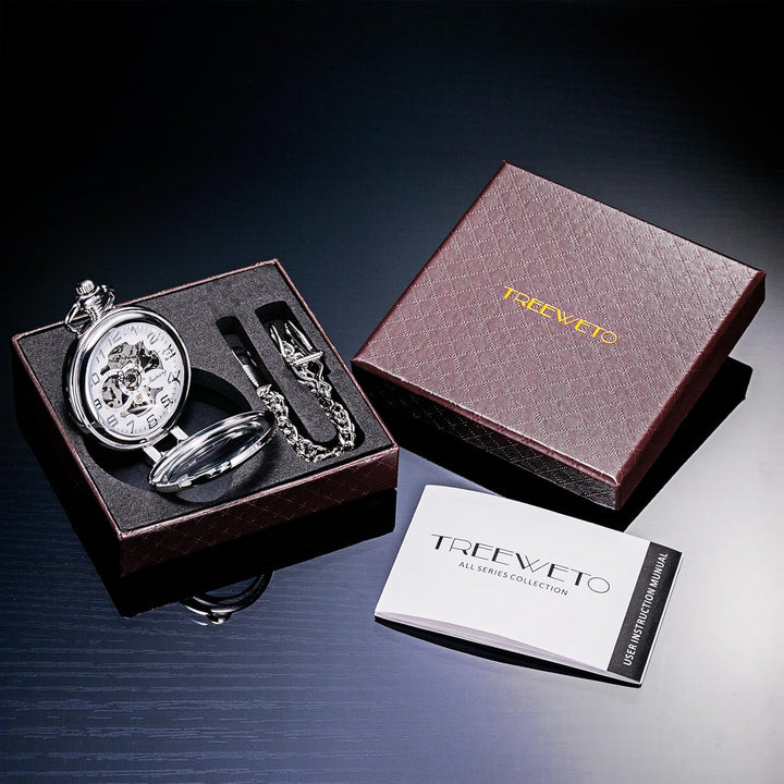 TREEWETO Unisex Taschenuhr mit Kette Analog Handaufzug Stehende Lupe Skelett Silber