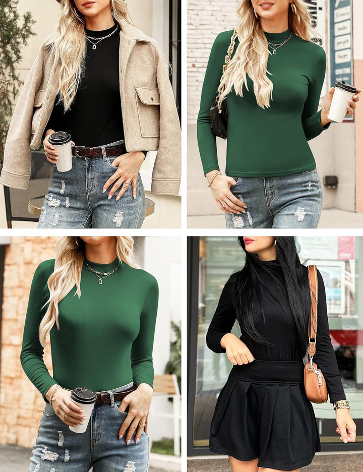 Aottori Damen 2 Pack Langarmshirt Set Stehkragen Rollkragenshirt Baumwolle Elegant Basic Oberteile L