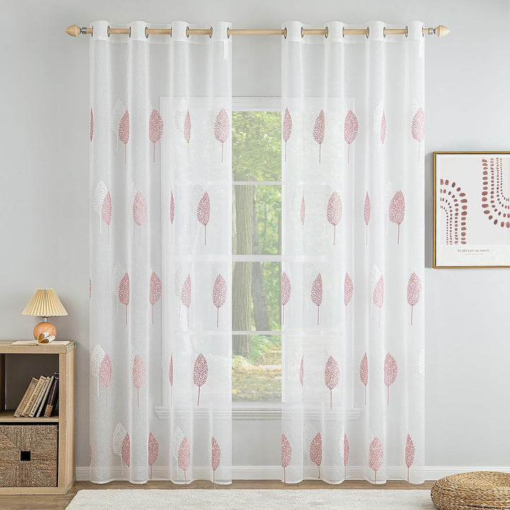 MIULEE Gardinen Transparent mit Rosa und Weiss Blätter Muster, Ösen Gardinen 260 cm Hoch, Modern Gar