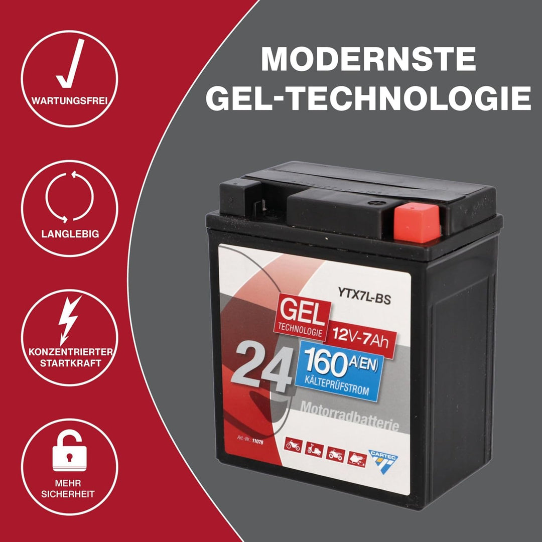 CARTEC Motorradbatterie YTX7L-BS, 6Ah, 100A, Gel Technologie Motorrad-Starter-Batterie, Erstausrüste
