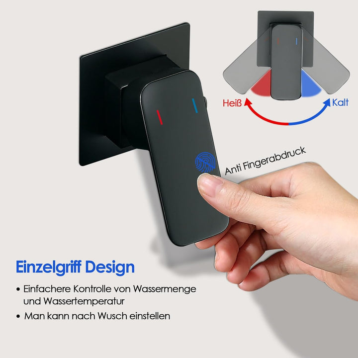 ROVOGO Waschtischarmatur Unterputz Schwarz für Wandmontage, 2-Loch Wasserhahn Bad aus Edelstahl 304,
