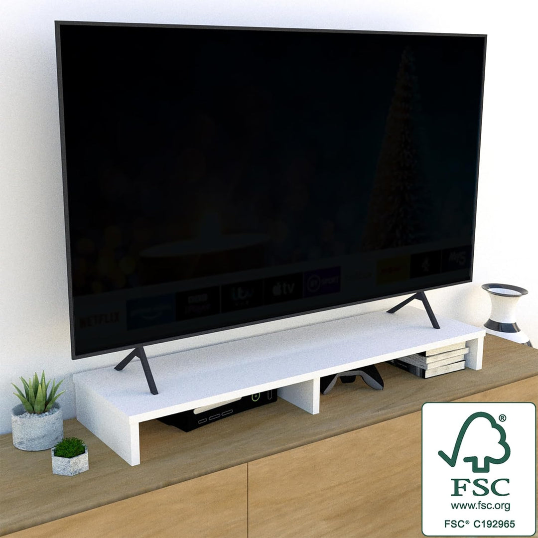 Henor TV-Ständer aus FSC® Holz, TV-Bildschirmerhöhung, 115 x 35 x 12 cm, Tragkraft 90 kg, Weiss 115x