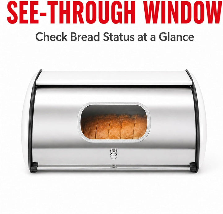 Brotkasten Edelstahl Weiss, Rollbrotkasten mit Acryl-Sichtfenster und Lüftungsöffnungen, Brotbox zur