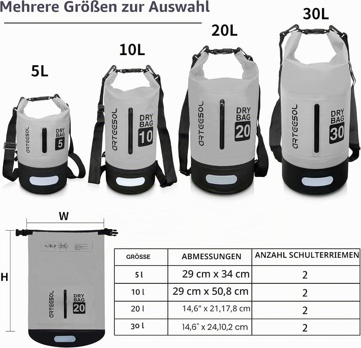 Dry Bag wasserdichte Tasche 5L/10L/20L/30L Wasserfester Beutel Packsack mit Langen Doppeltem Verstel