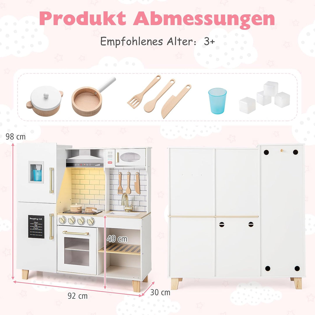 DREAMADE Kinderküche Holz mit 10 TLG. Zubehör, Holzküche Kinder Küche mit Herd Dunstabzugshaube Eism