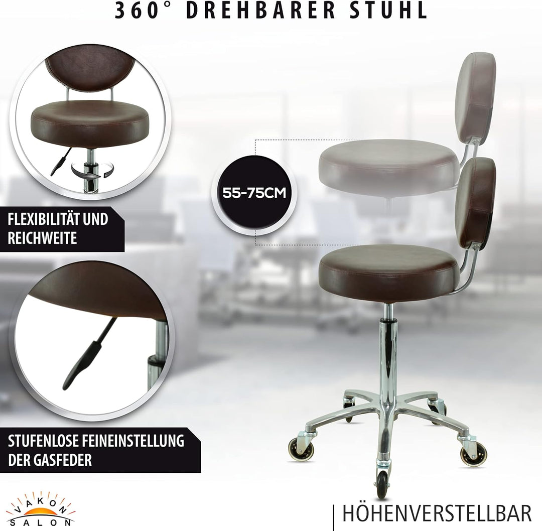 Premium Rollhocker braun mit ovaler Lehne höhenverstellbar von 55 bis 75 cm - Rundsitz- Drehhocker A