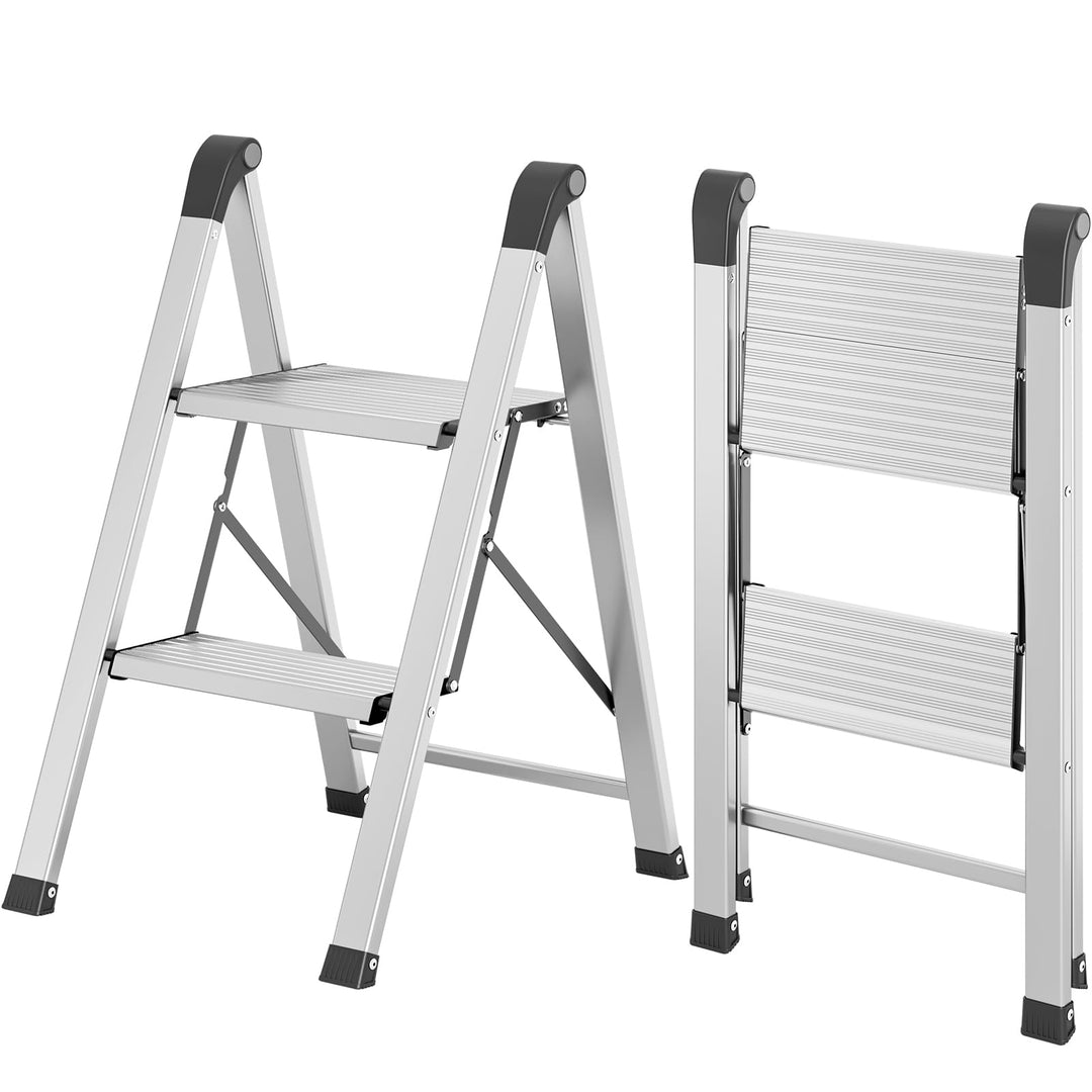 KINGRACK Trittleiter 2 Stufen Klappbar, Tritthocker aus Aluminium &amp; Stahl | Klapptritt mit Breite ru