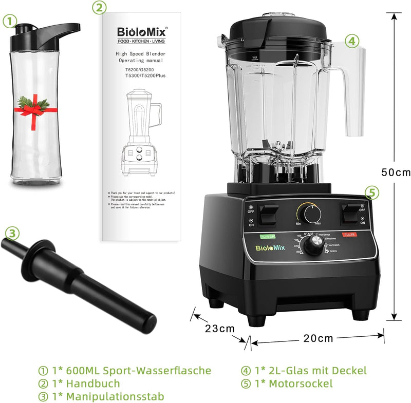 BioloMix Hochleistungsmixer 2200W,Selbstreinigungsfunktion,Standmixer 2L Behälter und 600ml Reisebec