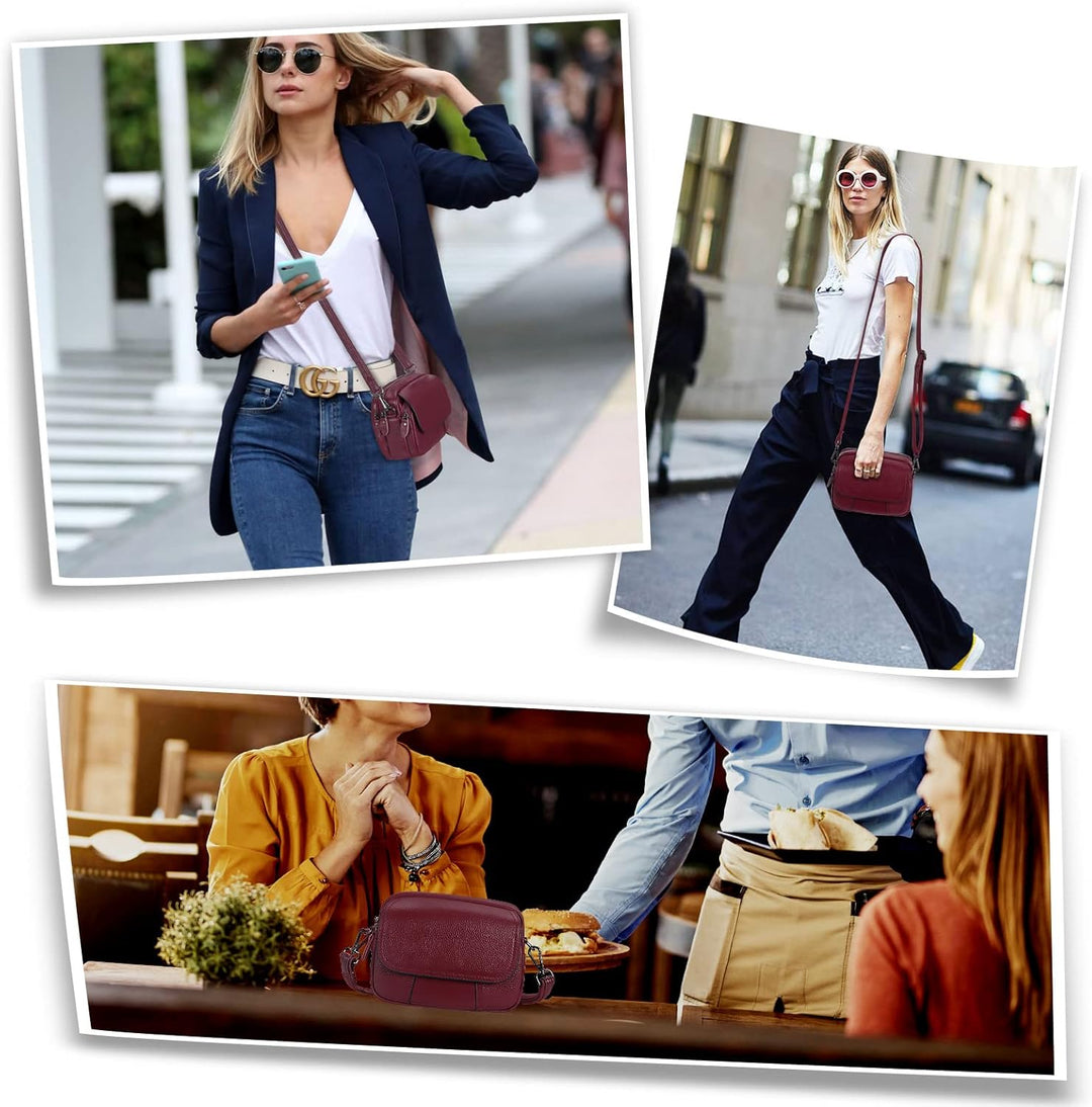 HAWEE Damen Handy Umhängetasche Echtes Leder Crossbody Schultertasche mit 3 Reissverschlüsse Kleine