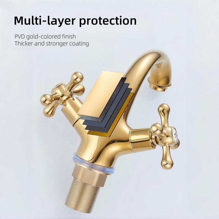 Wasserhahn Armatur Bad Zweigriff Gold, Waschtischarmatur Messing mit Kreuzgriff, Mischbatterie Badez