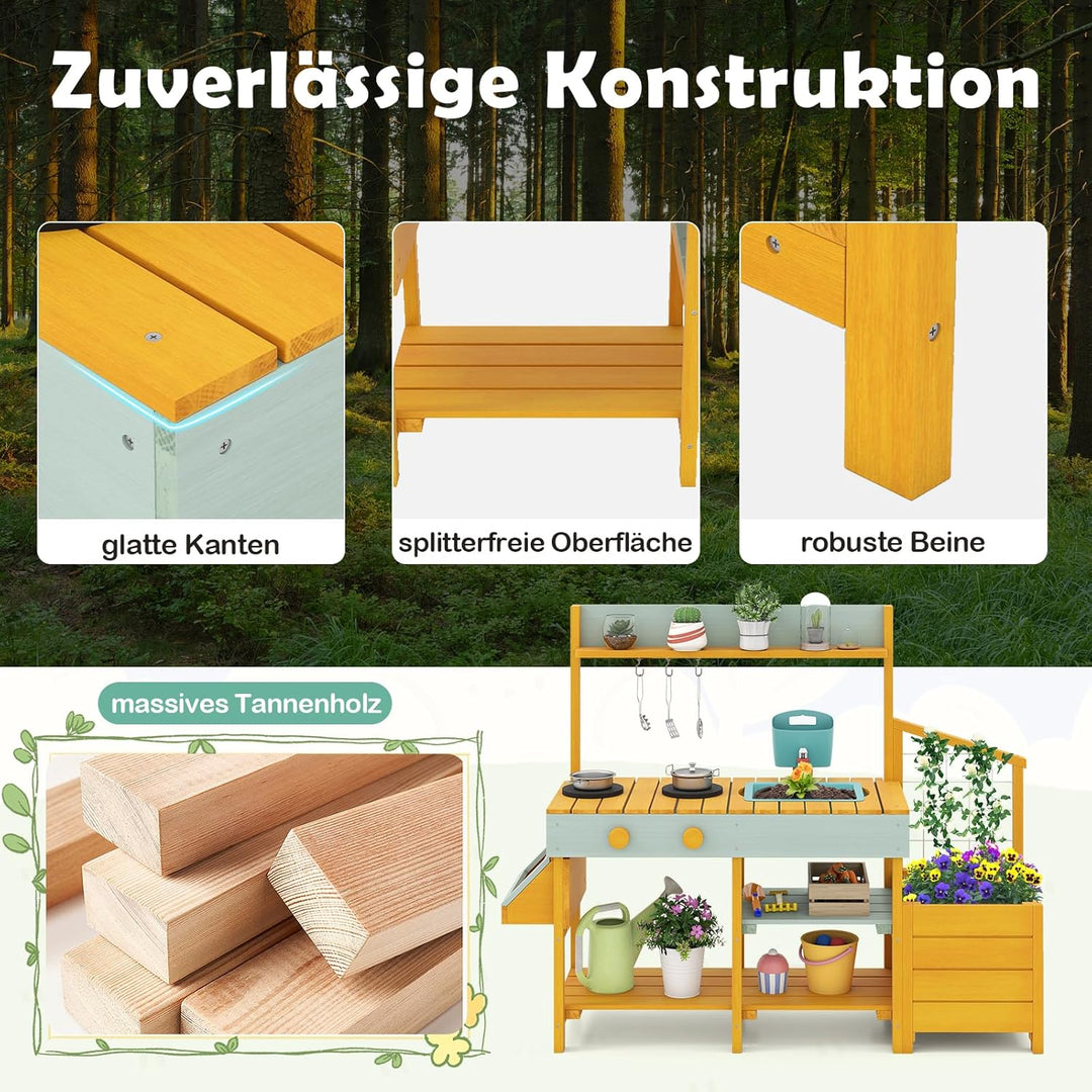 DREAMADE Matschküche Kinder Outdoor, Kinderküche Tannenholz mit Pflanzkasten & Rankgitter, Spielküch